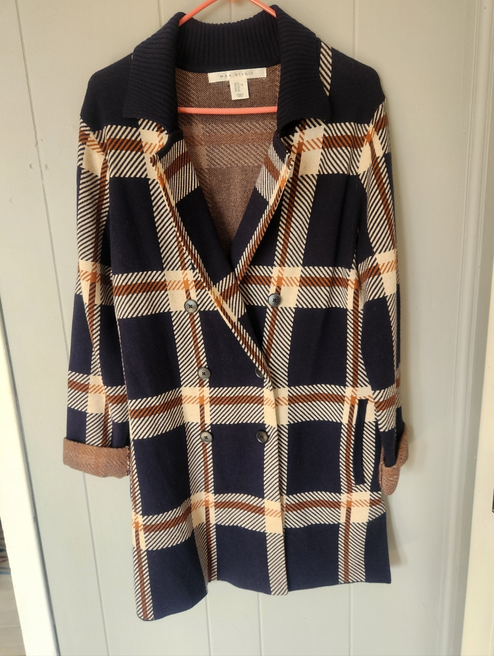 Max Studios Plaid Double-Breasted Women's Coat - Navy & Cream NWOT